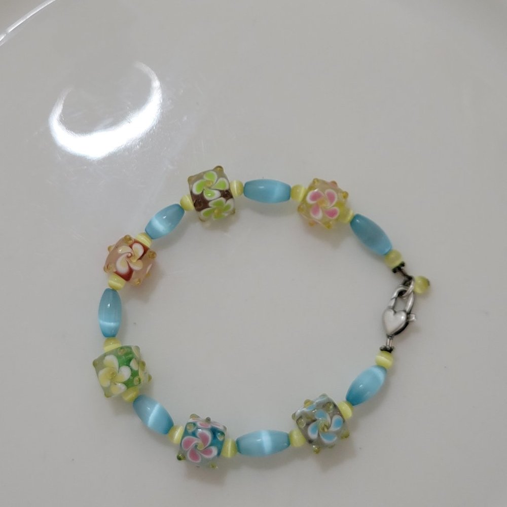 Lamp Work 3D Venetian Italian Art Glass Flower Beads Bracelet with a Heart Clasp